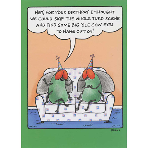 Two Flies Hanging Out on Couch Funny Birthday Card: Hey, for your birthday I thought we could skip the whole turd scene and find some big 'ole cow eyes to hang out on!