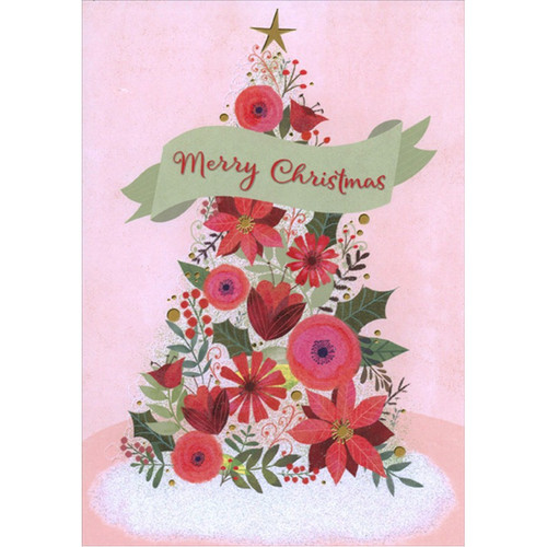 Tree of Red Flowers with Gold Star Box of 18 Christmas Cards: Merry Christmas