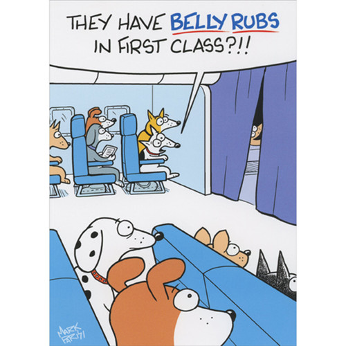 Belly Rubs in First Class Funny Birthday Card: They have BELLY RUBS in first class?!!
