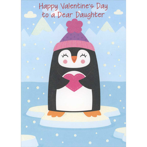 Cute Penguin Holding Heart on Floating Ice Valentine's Day Card for Daughter: Happy Valentine's Day to a Dear Daughter