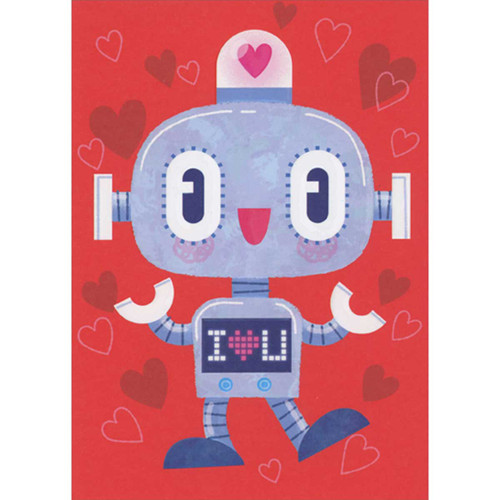 Cute Blue I Heart U Robot on Red Background Valentine's Day Card for Boy: I (Heart) U