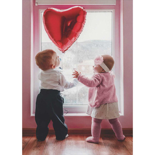 Babies Holding Heart Helium Balloon at Window Valentine's Day Card