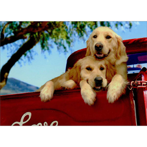 Two Cuddling Golden Retrievers in Back of Red Pickup Truck Valentine's Day Card