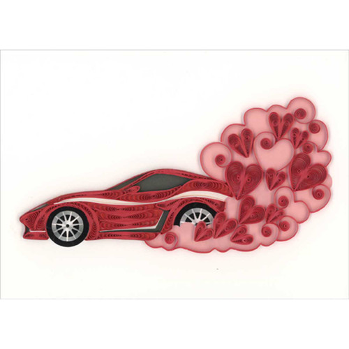 Quilled Red Race Car with Hearts 3D Handcrafted Valentine's Day Card for Man