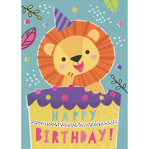Cute Lion Eating Purple and Yellow Cake Birthday Card for Kid: Happy Birthday!