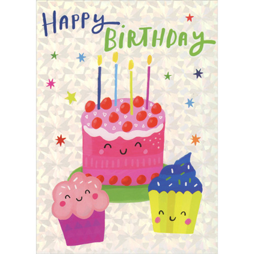 Smiling Cake and Cupcakes on Holographic White Background Birthday Card for Kid: Happy Birthday
