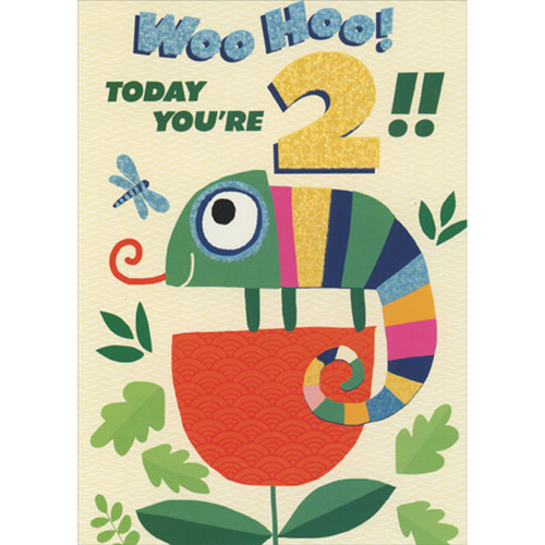You're 2 Today: Chameleon Sitting on Top of Flower 2nd Birthday Card: Woo Hoo! - Today You're 2!!