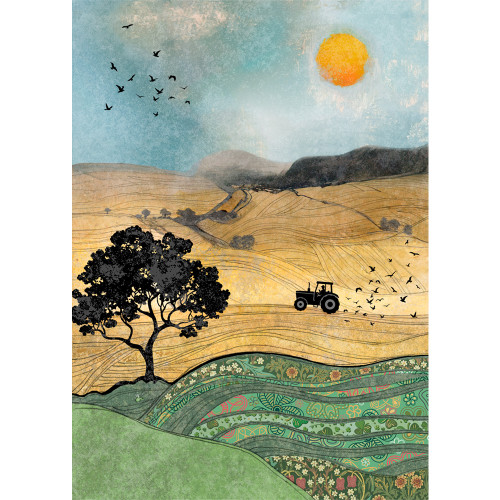 Tractor Field: Black Tractor Silhouette on Golden Hills Bug Art Blank Note Card