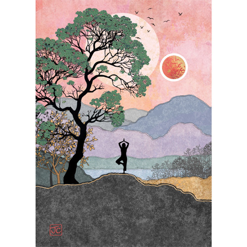 Yoga Mountain: Silhouette of Tree Pose Under Lush Tree Bug Art Blank Note Card