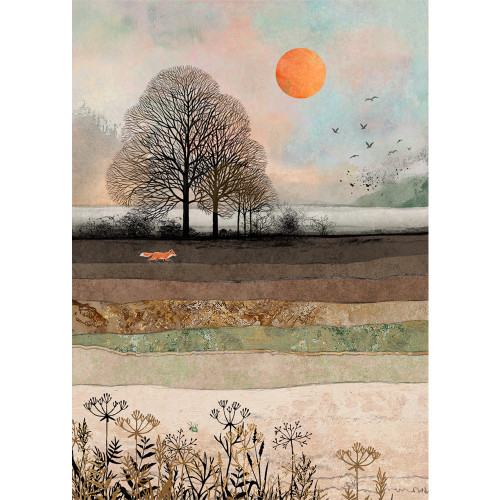 Fox Field: Small Orange Fox Walking Across Rolling Field Bug Art Blank Note Card