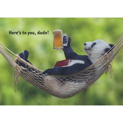 Panda in Hammock with Beer Mug and Book Funny Birthday Card for Man: Here's to you, dude!