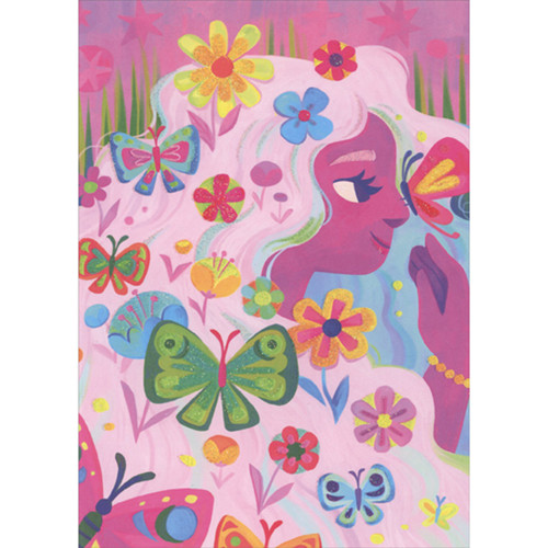 Woman with Flowing Pink Hair, Sparkling Flowers and Butterflies for Granddaughter