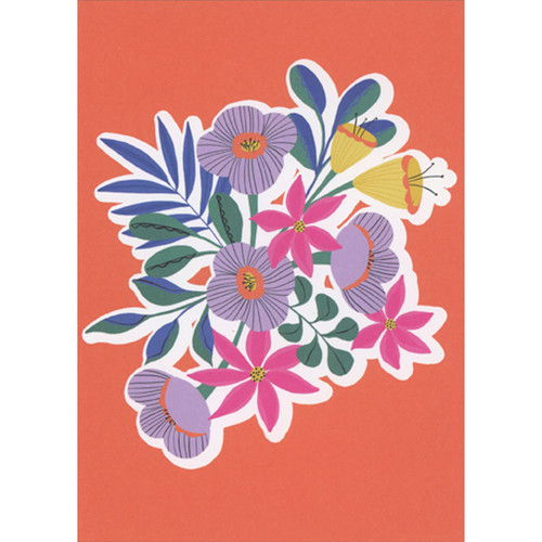 Purple, Pink, and Yellow Flowers Inside White Border on Orange Blank Note Card