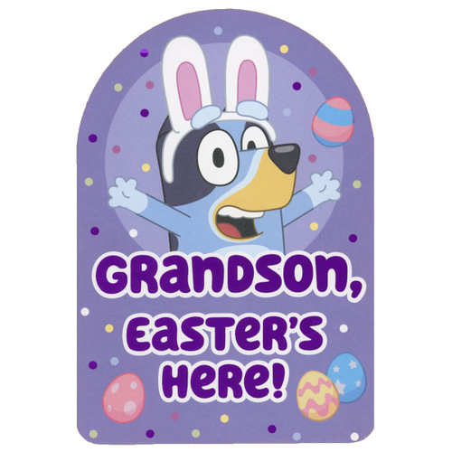 Bluey Waving Arms and Wearing Bunny Ears Easter Card for Grandson: Grandson, Easter's Here!