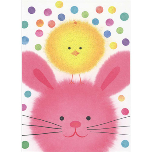 Cute Pink Bunny Face with Sparkling Puffy Yellow Chick on its Head Easter Card for Kids