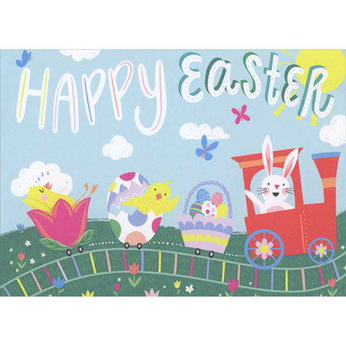 Bunny in Orange Train Engine Pulling Basket, Eggs and Flower Cars Easter Card for Boy: Happy Easter