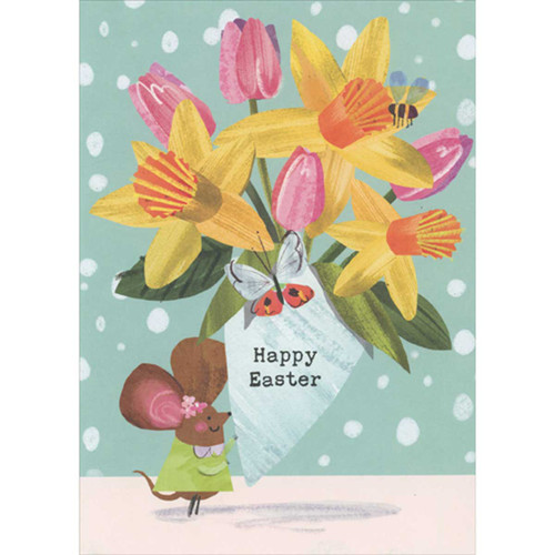 Mouse Holding Large Bouquet of Yellow, Orange and Pink Flowers Thinking of You Easter Card: Happy Easter