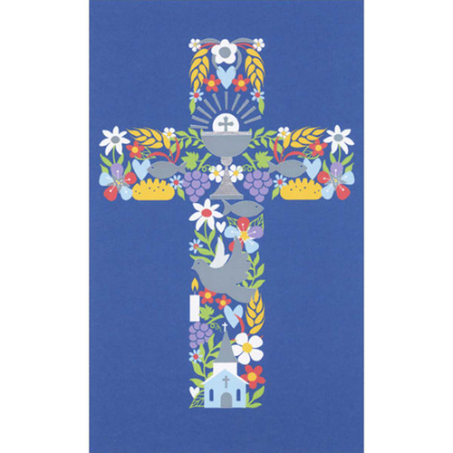 Colorful Cross of Communion Symbols and Silver Foil Chalice, Dove and Fish Money Holder / Gift Card Holder First Communion Card