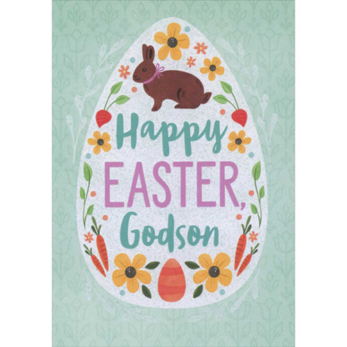 Sparkling Egg Decorated with Easter Symbols and Brown Bunny Juvenile Easter Card for Young Godson: Happy Easter, Godson