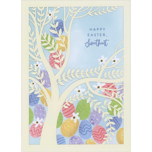 3D Ivory Tree Laser Cut Window Over Colorful Eggs on Light Blue Easter Card for Sweetheart: Happy Easter, Sweetheart