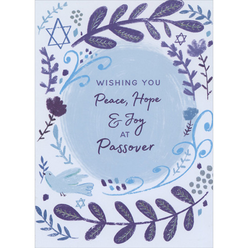 Peace, Hope and Joy: Blue Dove and Border of Purple and Blue Flowers Passover Card: Wishing You Peace, Hope & Joy at Passover