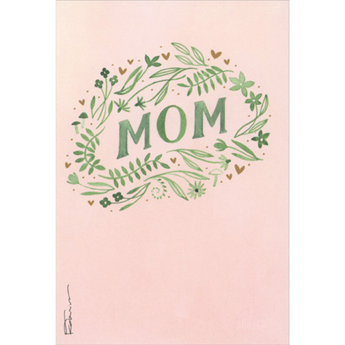 Mom: Embossed Green Text Inside Green Foliage Wreath Mother's Day Card for Mom: Mom