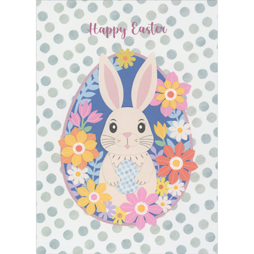 Die Cut 3D Bunny Holding Egg Surrounded by Layered Flowers Hand Decorated Easter Card: Happy Easter