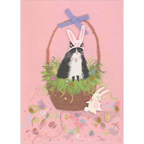 Black Cat Wearing 3D Die Cut Bunny Hat Sitting in Easter Basket Hand Decorated Easter Card