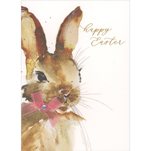 Watercolor Brown Bunny with 3D Pink Bow and Gem Hand Decorated Easter Card: Happy Easter