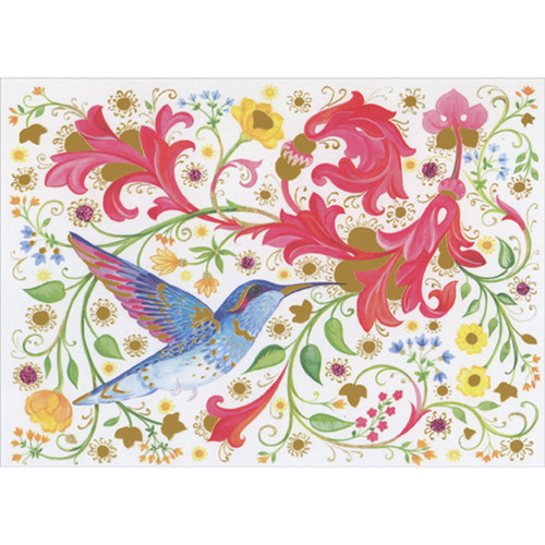 Blue Hummingbird Among Intricate Gold Foil Accented Pink Flowers Mother's Day Card for Grandma