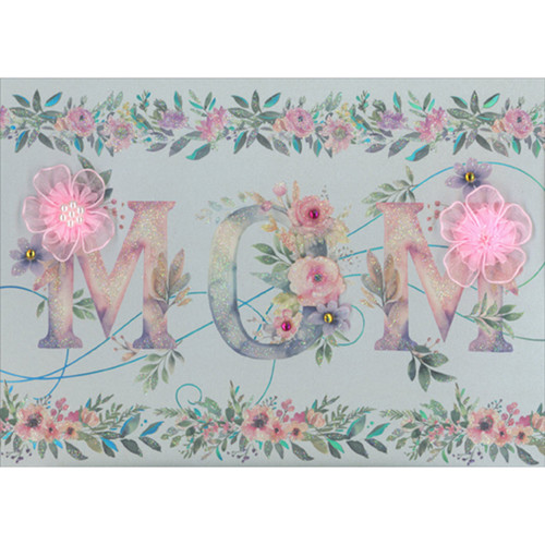 MOM Decorated with 3D Pink Ribbon Flowers and Gems Hand Decorated Mother's Day Card: MOM