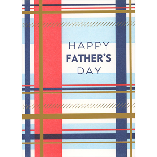 Red, Blue, White and Gold Foil Plaid Criss Cross Pattern Letterpress Father's Day Card: Happy Father's Day