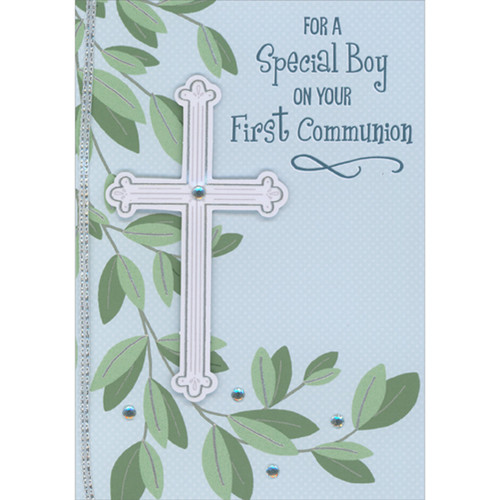 Silver Foil Accented 3D Die Cut Cross with Gem Over Leafy Branches Hand Decorated First Communion Card for Boy: For a Special Boy on Your First Communion