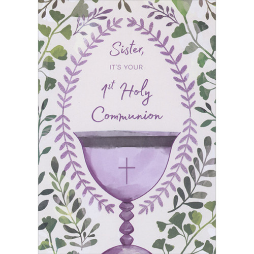 Purple Chalice Inside Sparkling Purple Oval Shaped Branches First Holy Communion Card for Sister: Sister, It's Your 1st Holy Communion