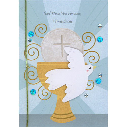 White 3D Dove, Chalice, Blue and Silver Sequins and Gold String Hand Decorated First Communion Card for Grandson: God Bless You Forever, Grandson