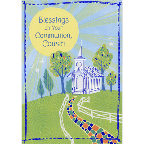Cobblestone Path Leading to Blue Line Art Church First Communion Card for Cousin: Blessings, on Your Communion, Cousin