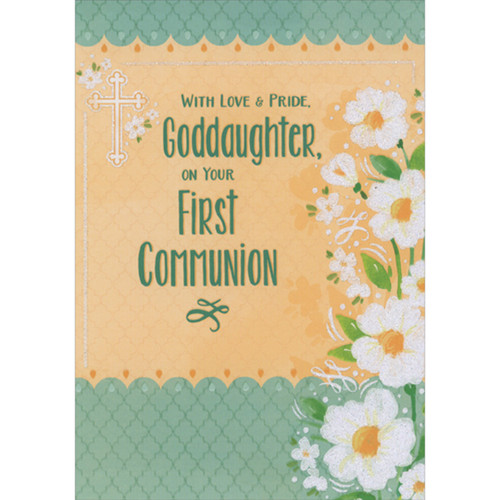 Love and Pride: White Glitter Flowers on Orange and Blue Scalloped Background First Communion Card for Goddaughter: With Love and Pride, Goddaughter, on Your First Communion