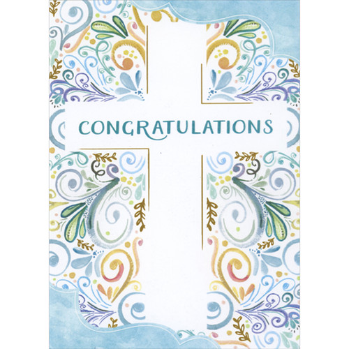 White Cross Defined by Outside Areas of Colorful Swirling Vines First Communion Card: Congratulations