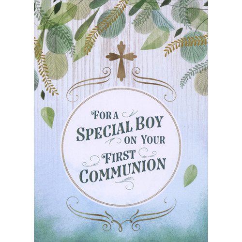 Hanging Leaves and Gold Foil Vines Above Small Brown Cross First Holy Communion Card for Boy: For a Special Boy on Your First Communion