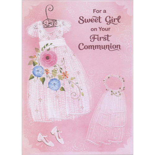 Pink and Blue Flowers on White Dress, Veil and Shoes on Pink First Holy Communion Card for Girl: For a Sweet Girl on Your First Communion