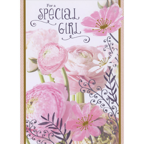 Light Pink Peonies with Gold Accented Polka Dot Border First Communion Card for Girl: For a Special Girl