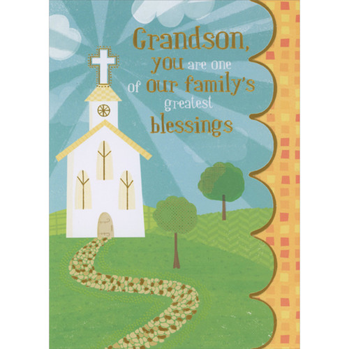 Our Family's Greatest Blessings: Church, Trees and Winding Path First Holy Communion Card for Grandson: Grandson, you are one of our family's greatest blessings