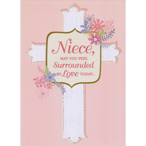 Surrounded by Love: White Painted Cross and Colorful Wildflowers First Communion Card for Niece: Niece, May You Feel Surrounded by Love Today…