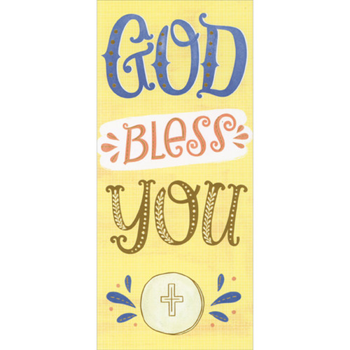 God Bless You: Gold Foil Outlined Host with Cross Money Holder / Gift Card Holder First Communion Card: God Bless You