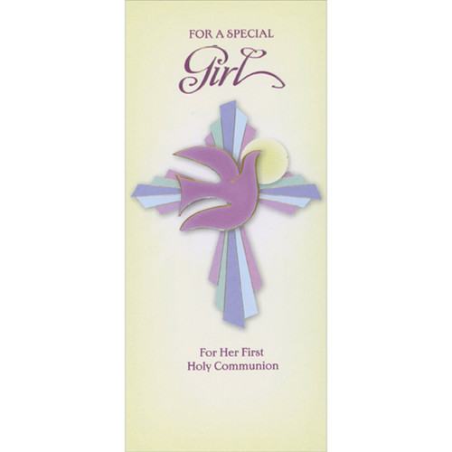 Purple Dove and Sun on Geometric Pink, Green, Purple and Blue Cross Money Holder / Gift Card Holder First Communion Card for Girl: This gift is sent to say, “Everyone's so proud of you today!” It comes with the warmest wishes, too, and congratulations just for you! God Bless You