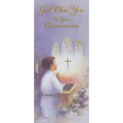 Boy Praying at Alter Under Stainded Glass Windows Watercolor Money Holder / Gift Card Holder First Communion Card for Boy: God Bless You On Your Communion