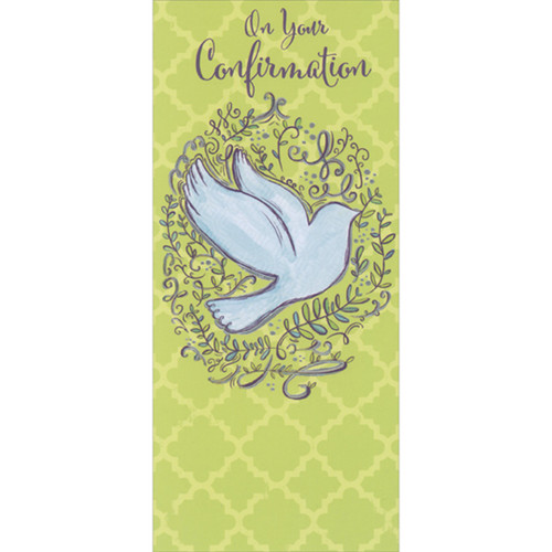 Dove Inside Swirling Vines on Green and Yellow Lattice Pattern Money Holder / Gift Card Holder Confirmation Card: On Your Confirmation