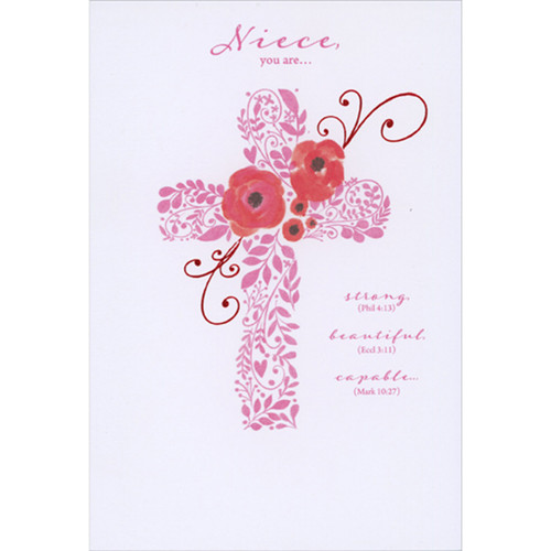 Strong, Beautiful, Capable: Cross Formed by Pink Vines and Leaves Confirmation Card for Niece: Niece, you are… strong (Phil 4:13), beautiful (Eccl 3:11), capable (Mark 10:27)