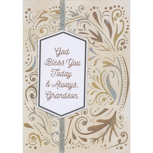 Hexagon 3D Banner, Silver Ribbon and Laser Cut Swirls on Tan Hand Decorated Confirmation Card for Grandson: God Bless You Today and Always, Grandson
