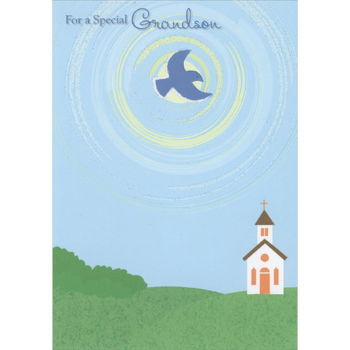 Blue Bird Inside Concentric Sparkling Circles Flying Above White Church Confirmation Card for Grandson: For a Special Grandson